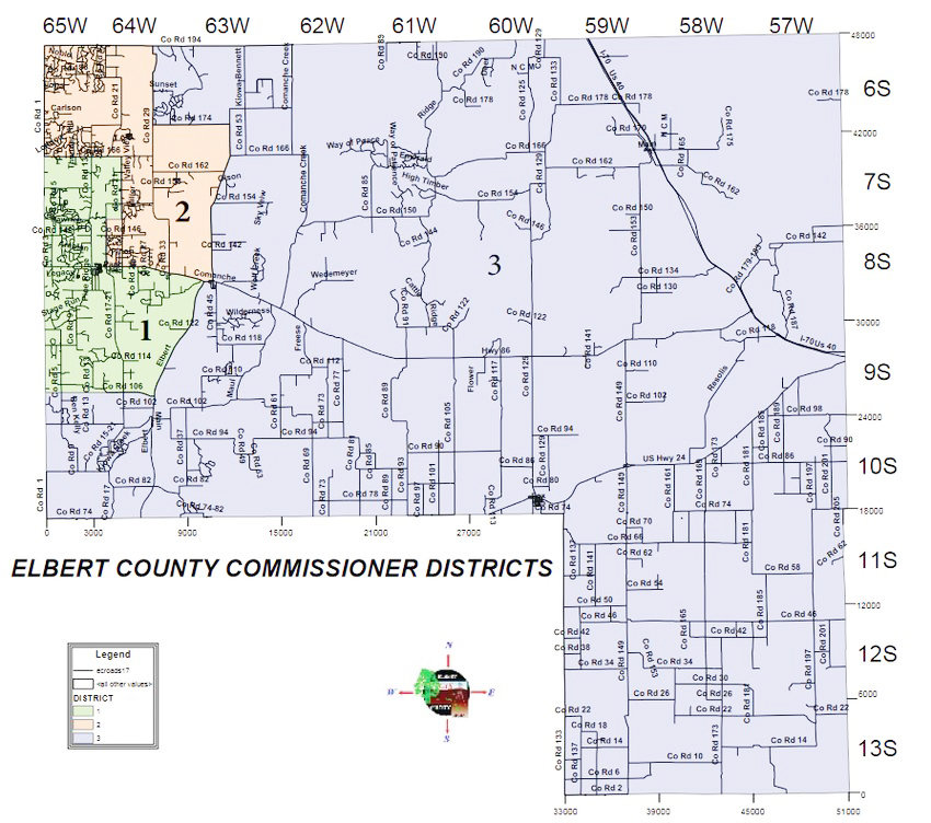 Former Elbert County district map (2011-2021). District 1 is green, District 2 is peach, and District 3.