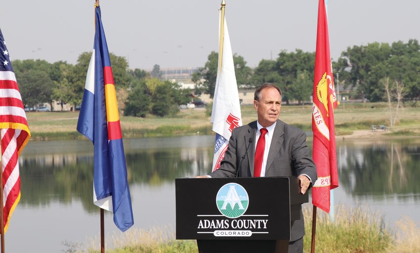 Congressman Ed Permutter speaks at the Sept. 8 ground breaking ceremony for Adams County’s new Veterans Memorial  being built in the Riverdale Regional Park.