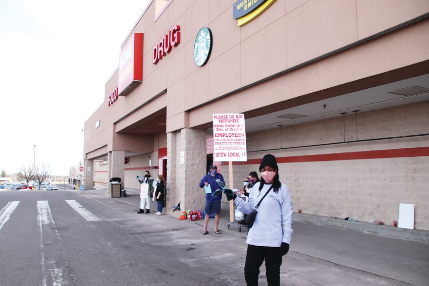 Victoria Hodge, a 21 year King Soopers employee who works the deli, protests outside the 750 E 104th Ave. King Soopers.