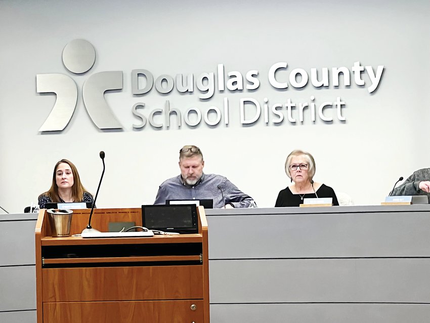 Members of the Douglas County School Board discuss trust and air differences in a Feb. 4 meeting. Board directors voted 5-2 on Sept. 27 to waive a previously set deadline for Superintendent Erin Kane to recommend changes to the equity policy, allowing her to create an implementation plan this year.