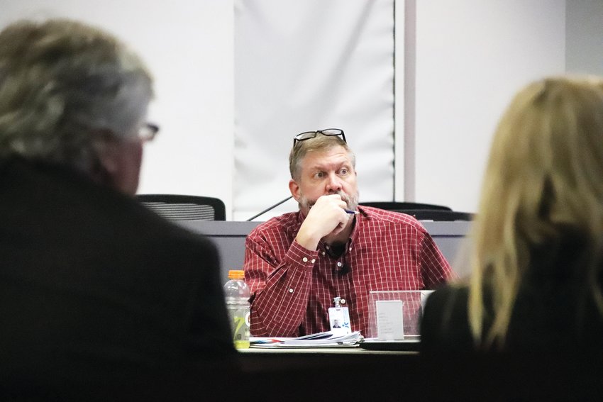 Douglas County School Board President Mike Peterson listens to discussion during a Feb. 8 study session. The board will vote on next steps for the equity policy on Sept. 27.