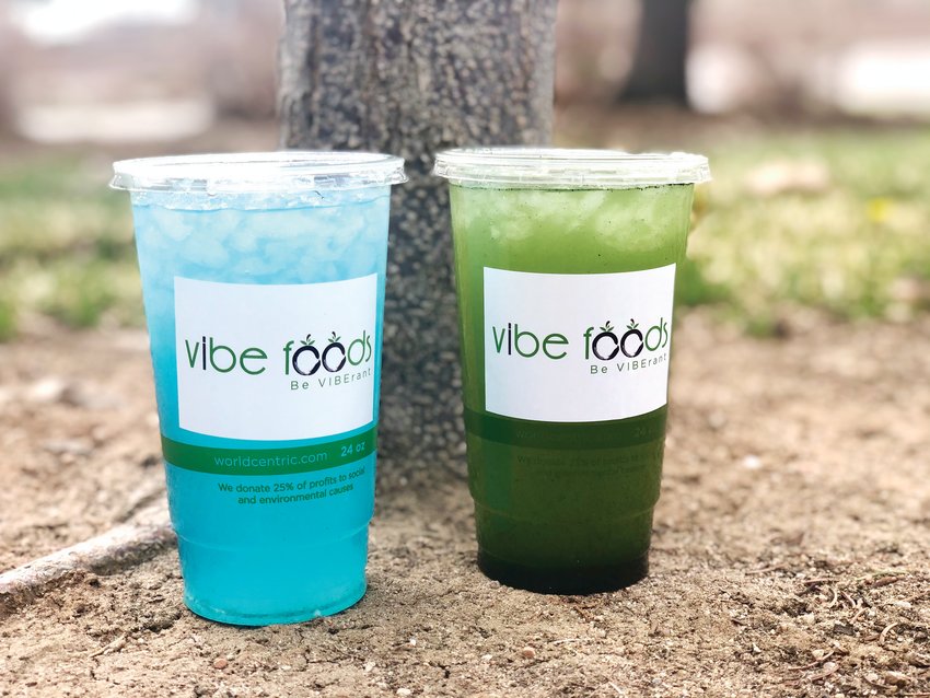 A variety of cold-pressed juices and other beverages are available at Vibe Foods.