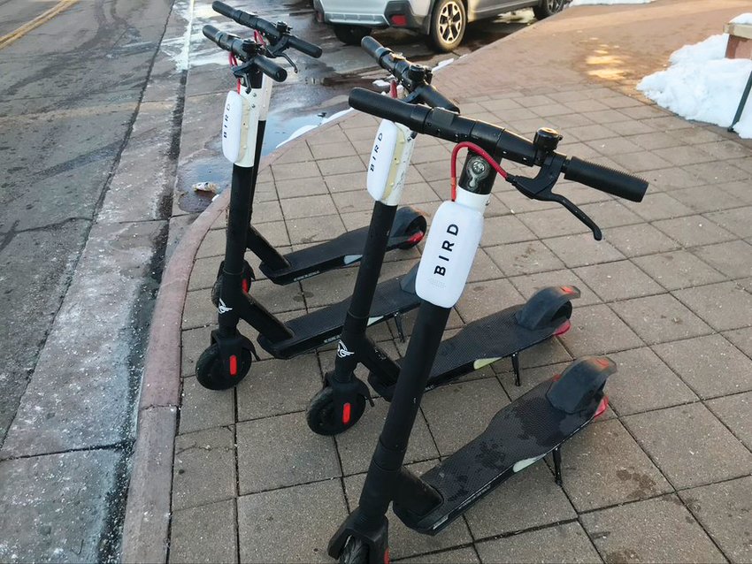 Bird scooters ready for riders at the corner of Grant Place and Olde Wadsworth Boulevard in Olde Town Arvada.