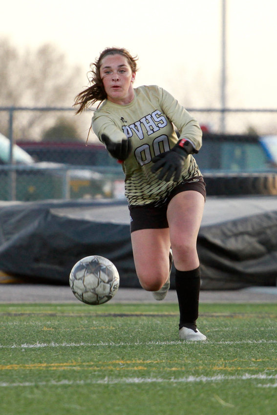 Prairie View's goalkeeper AJ Steele rolls the ball to one of her teammates during her league game against Brighton.