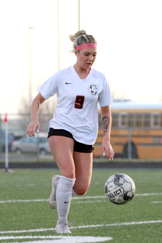 Brighton captain Karly Lambert controls the ball as she dribbles downfield in her league game against Prairie View.