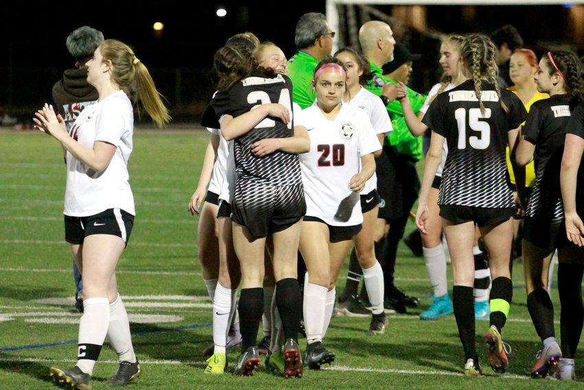 After the game, many Brighton and Prairie View players hug each other because many of them play club soccer together. The Bulldogs defeated Prairie View 2-1 April 26.