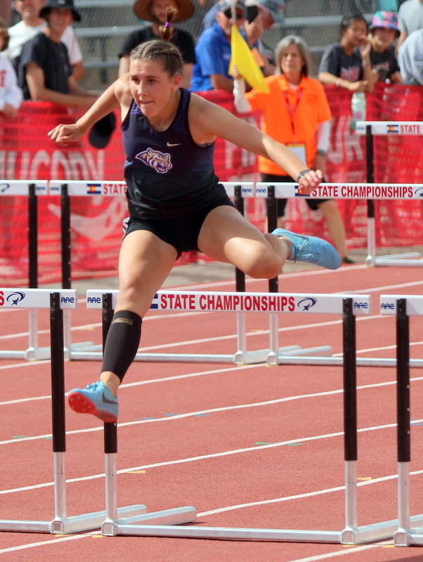 Kenna Crookham of Holy Family heads for the finish line in the girls 100-meter hurdles at the class 3A state track meet at Jeffco Stadium May 19. She finished 10th in a time of 16.63 seconds, just .01 of a second from advancing to the finals.
