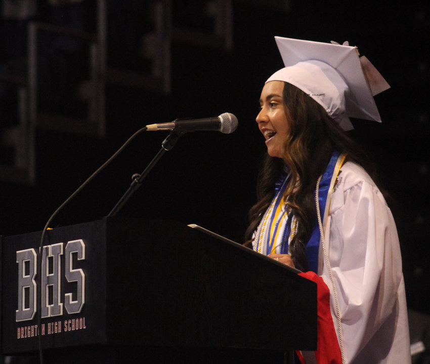 Brighton High School senior Giana Rocha delivers the benediction at commencement exercises May 25 at 1stBank Center in Broomfield.