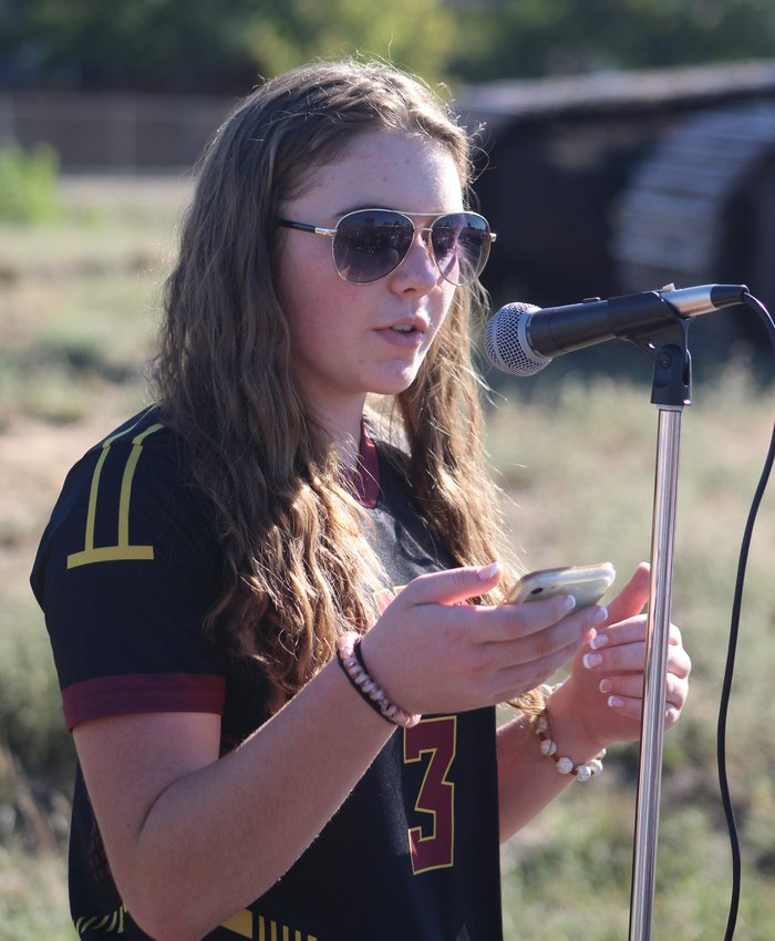 ERA three-sport athlete Megan Derby tells the crowd at the soccer field groundbreaking that the new field "will be put to good use."