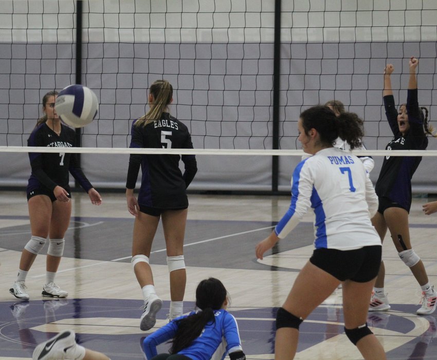Stargate School wins this point, much to the delight of Morgan Stitzer (6), far right, Emma Herbolsheimer (5 ) and Maddie Lamar (7 ). The efforts of the Pumas' Libero, Tatiana Anderson (4) and Hayden Connors came up just short of keeping the point alive.