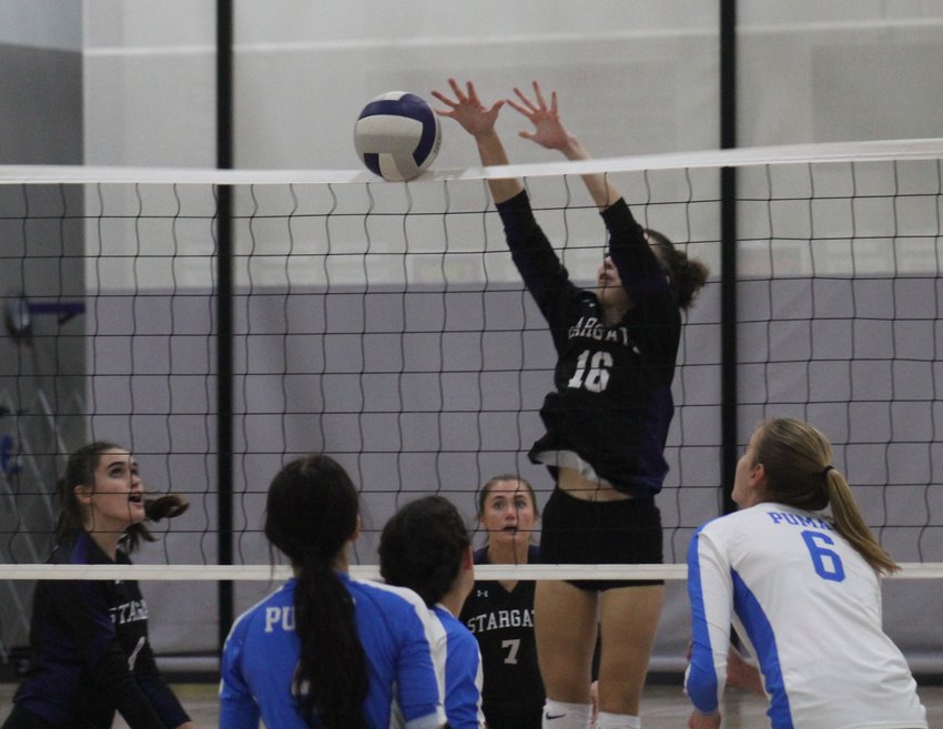 Aspen Miller of the Eagles is ready for the block attempt against Peak to Peak High School Sept. 30 in Thornton.
