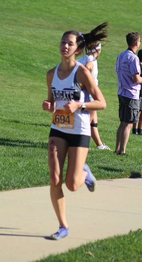 Stargate School's Ava Lee is just beyond the first mile of her 3-mile race in the class 3A Metro League cross country meet Oct. 6 at Anthem Community Park in Broomfield. She finished 24th in a time of 22:21.