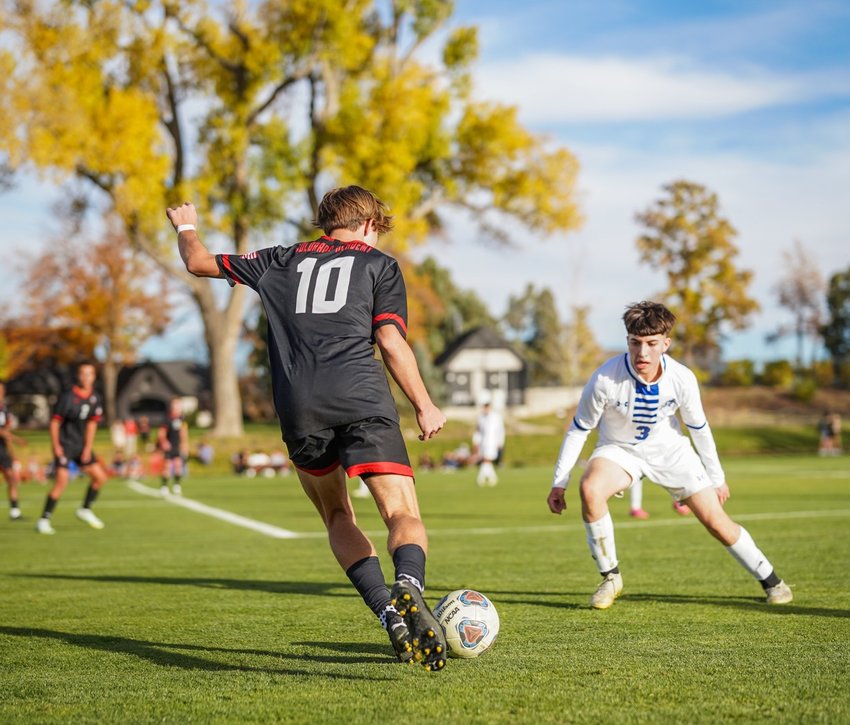 Fort Lupton's Ronaldo Guerrero (3) defend in the second half against Colorado Academy Christoff Zimmerman (10) as Zimmerman tries to make a play during the second round of the state 3A soccer playoffs in Lakewood Nov. 1.