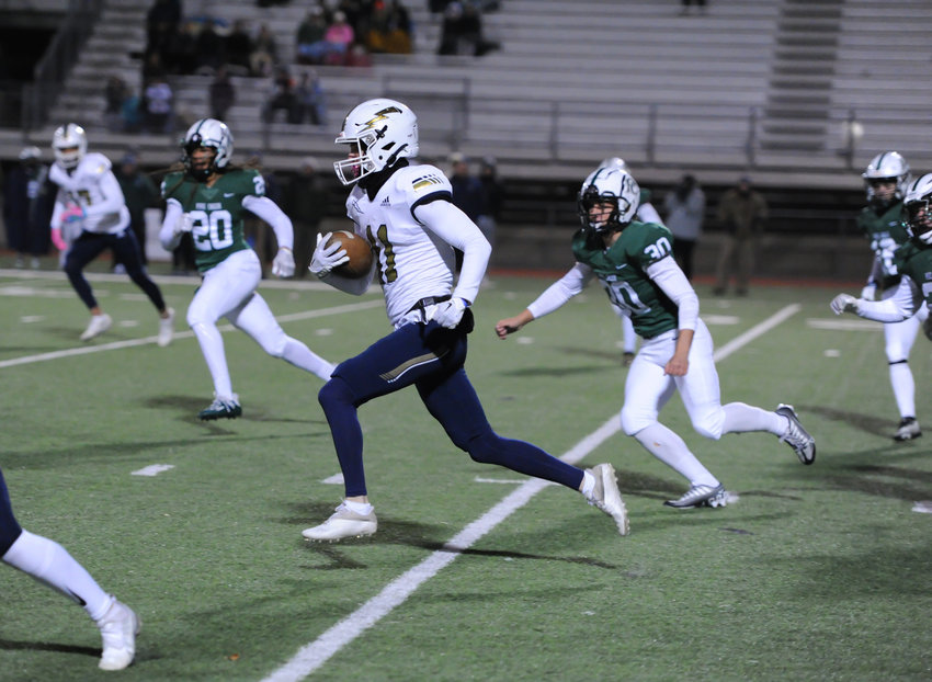 Legacy junior Ky Studebaker returns the opening kickoff 99 yards for a touchdown in the Nov. 10 CHSAA 5A playoff game against Pine Creek at District 20 Stadium in Colorado Springs. The Eagles dashed the Lightning’s playoff hopes, however, 30-24.