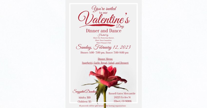A flyer for the Town of Elbert 2023 Valentine’s Day Dinner and Dance, which will be held on Sunday, Feb. 12.
