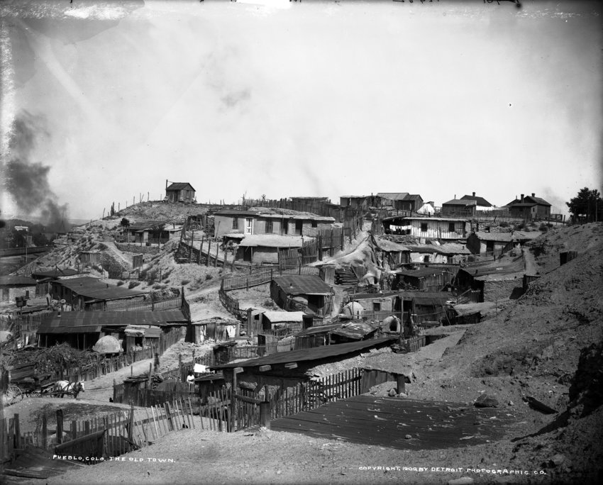 These homes sat atop Pueblo’s Goat Hill, or Smelter Hill, an area of Colorado that was adjacent to Mexico until the border shifted after the Mexican-American War. This William Henry Jackson photo dates to 1900.