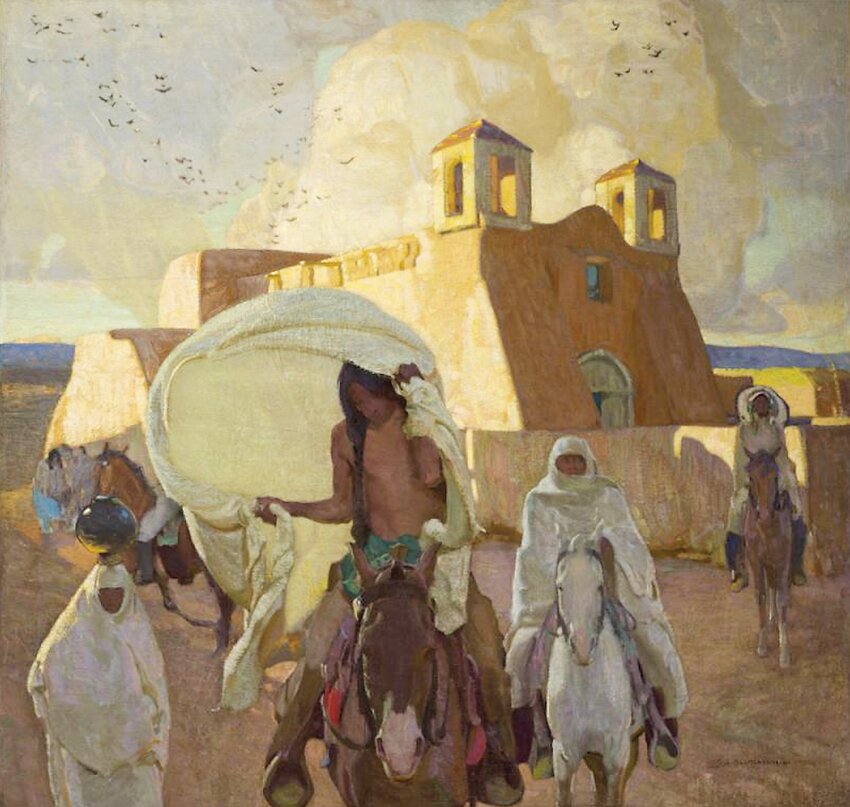 Ernest L. Blumenschein’s “Church at Ranchos de Taos,” before 1917, is shown in the “Near East to Far West” exhibit at the Denver Art Museum.