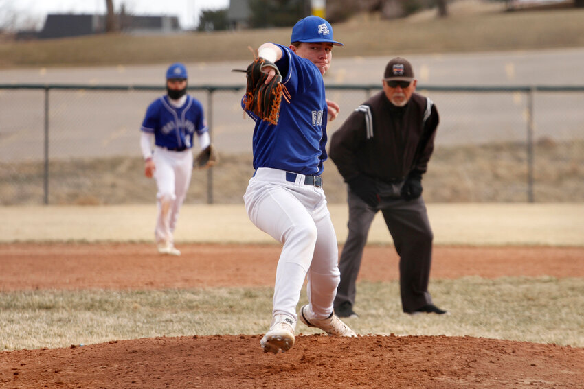 Fort Lupton's Jesse Ceretto (24) pitched most of the innings against Thornton. The Bluedevils defeated the Trojans 14-8 to get their first win of the season.