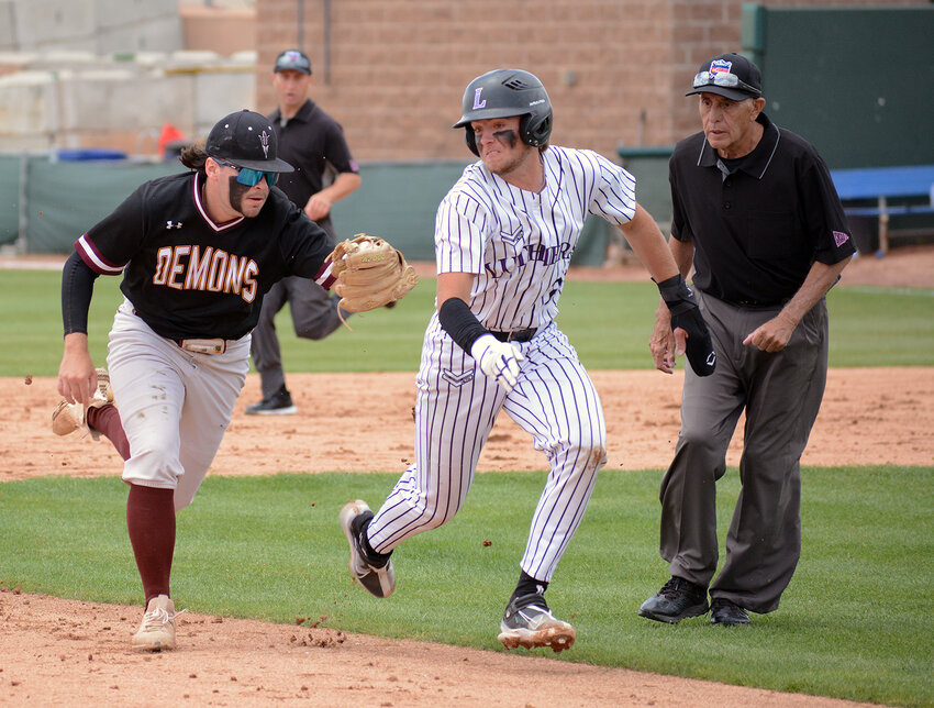 Golden senior Daine Hart, left, tags out Lutheran senior Josh Miller during a rundown in the Class 4A state playoff game June 2 at UCHealth Park in Colorado Springs. The Demons defeated Lutheran and Holy Family on June 2 to advance to the championship game against Severance on June 3 at Rawlings Field in Pueblo.