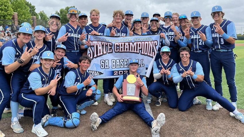 Valor Christian baseball celebrates after winning its first ever class 5A state championship.