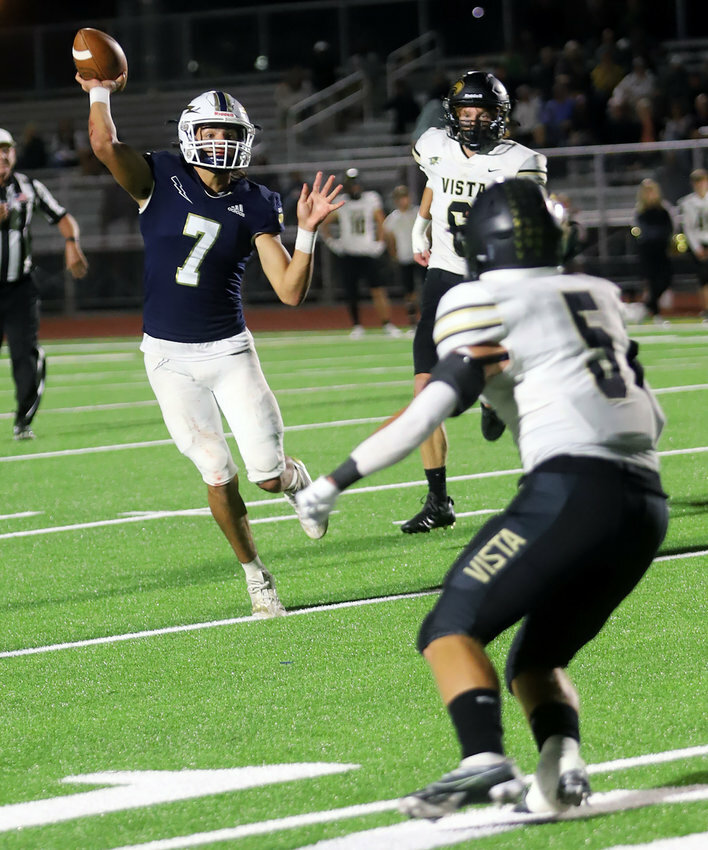Legacy junior Kullen Lerma throws a pass during the second quarter of a Sept. 25, 2022 contest against Mountain Vista at Five Star Stadium. The Lightning won 41-28.