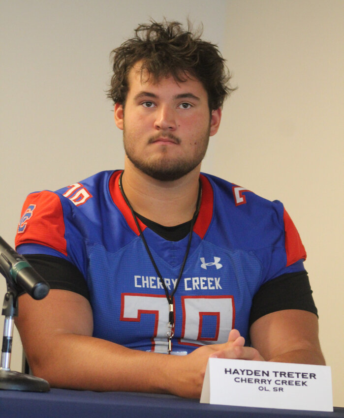 Cherry Creek's Hayden Treter speaks at the podium at CHSAA's Media Day at Empower Field on Aug. 14. He is also for college realignment.