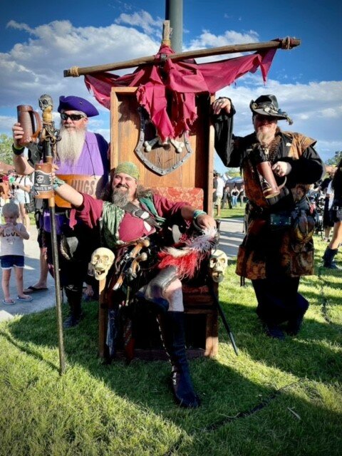 Commodore Wyrm, who also answers to the more mundane name John O’Dell, sits atop his Northglenn Pirate Fest throne in 2022. He’ll hand over his seat and scepter to a new king, who will be crowned Sept. 16