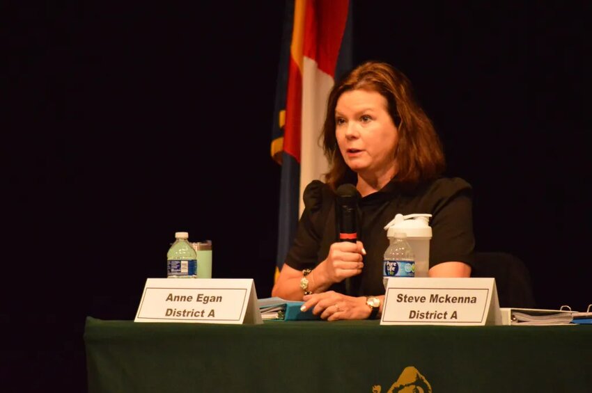 Anne Egan speaking Sept. 12, 2023, at Smoky Hill High School during the school district’s first candidate forum. Egan is running for re-election to the District A seat on the Cherry Creek school board.