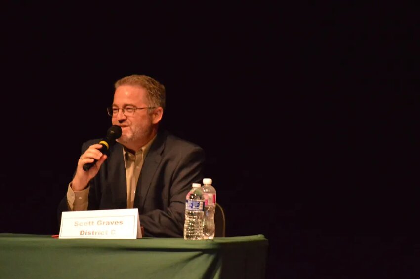 Scott Graves, right, at the Sept. 12, 2023, candidate forum at Smoky Hill High School.