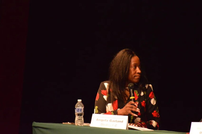 Angela Garland at the Sept. 12, 2023, candidate forum at Smoky Hill High School.