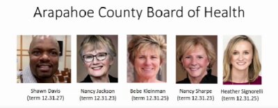 The current Arapahoe County Board of Health, including Shawn Davis, Nancy Jackson, Bebe Kleinman, Nancy Sharpe and Heather Signorelli. Photo courtesy of Arapahoe County Board of Health.