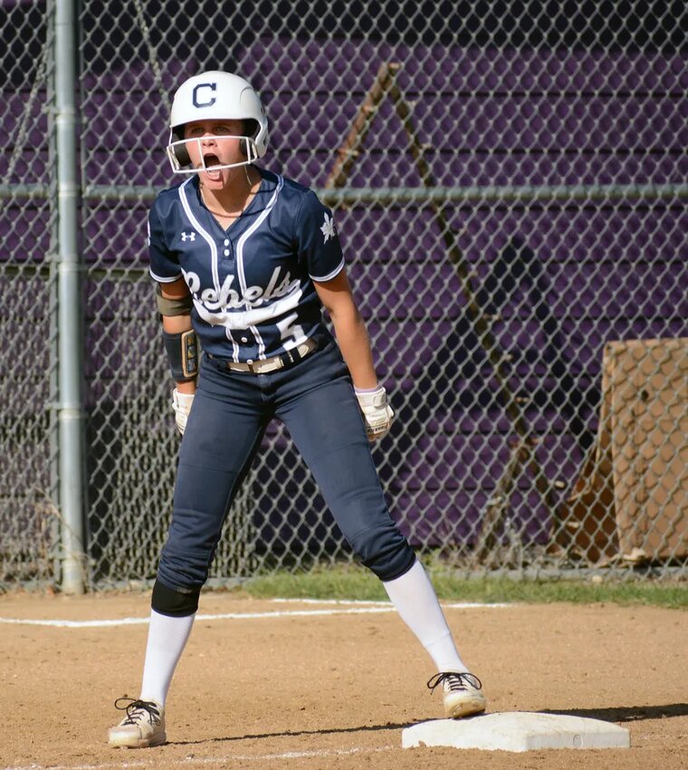 Columbine sophomore Livi Keiter is fired up after her leadoff triple to start the third inning Wednesday, Sept. 13, at Arvada West High School. Keiter went 2-for-3 with a triple and double, but the Rebels came up short in the Class 5A Jeffco League opener suffering a 3-1 loss to A-West.