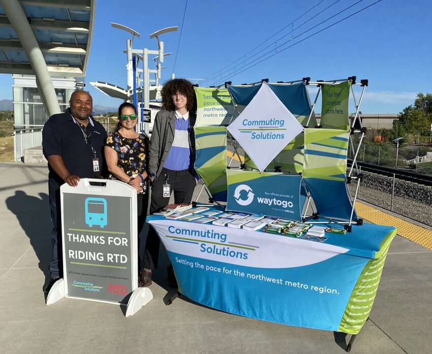 From left, RTD’s Wendell Smith, Logynn Ascher of Commuting Solutions and RTD’s Kelsie Ryan greeted morning riders at Westminster Station on Sept. 20. Credit: Jane Reuter