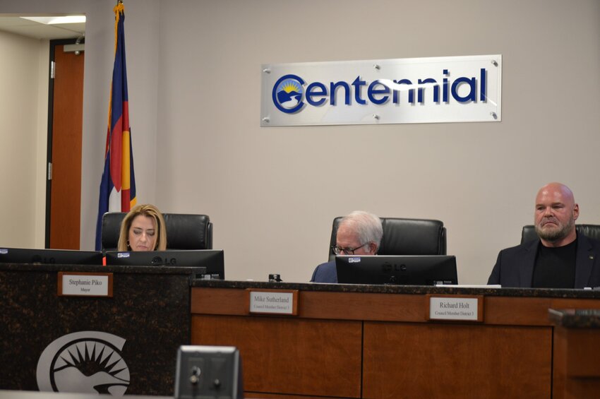 The Centennial City Council unanimously approved new regulations for outdoor pickleball courts on Sept. 19, 2023. From left to right is Mayor Stephanie Piko, Councilmember Mike Sutherland and Mayor Pro Tem Richard Holt.