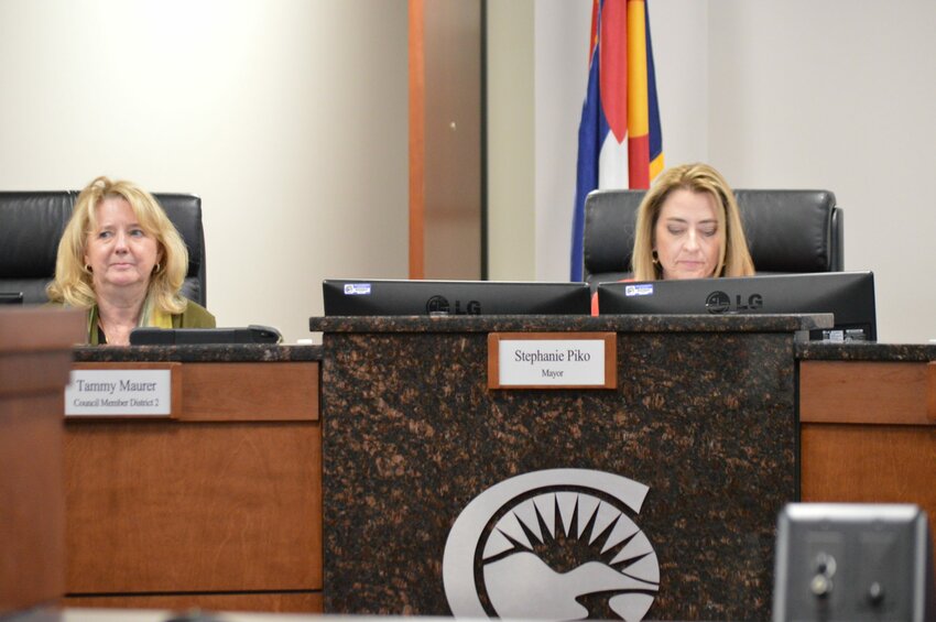 Centennial Councilmember Tammy Maurer, left, and Mayor Stephanie Piko on Sept. 19, 2023, at a city council meeting.