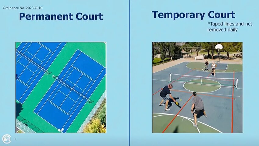 A screenshot of the Centennial city staff's presentation comparing a permanent and temporary pickleball court.