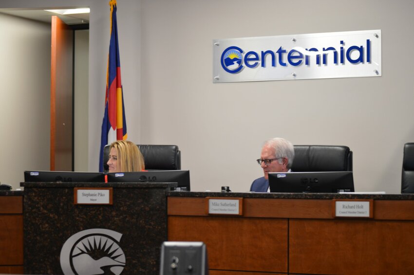 Centennial Mayor Stephanie Piko and Councilmember Mike Sutherland on Sept. 19, 2023, at a city council meeting.